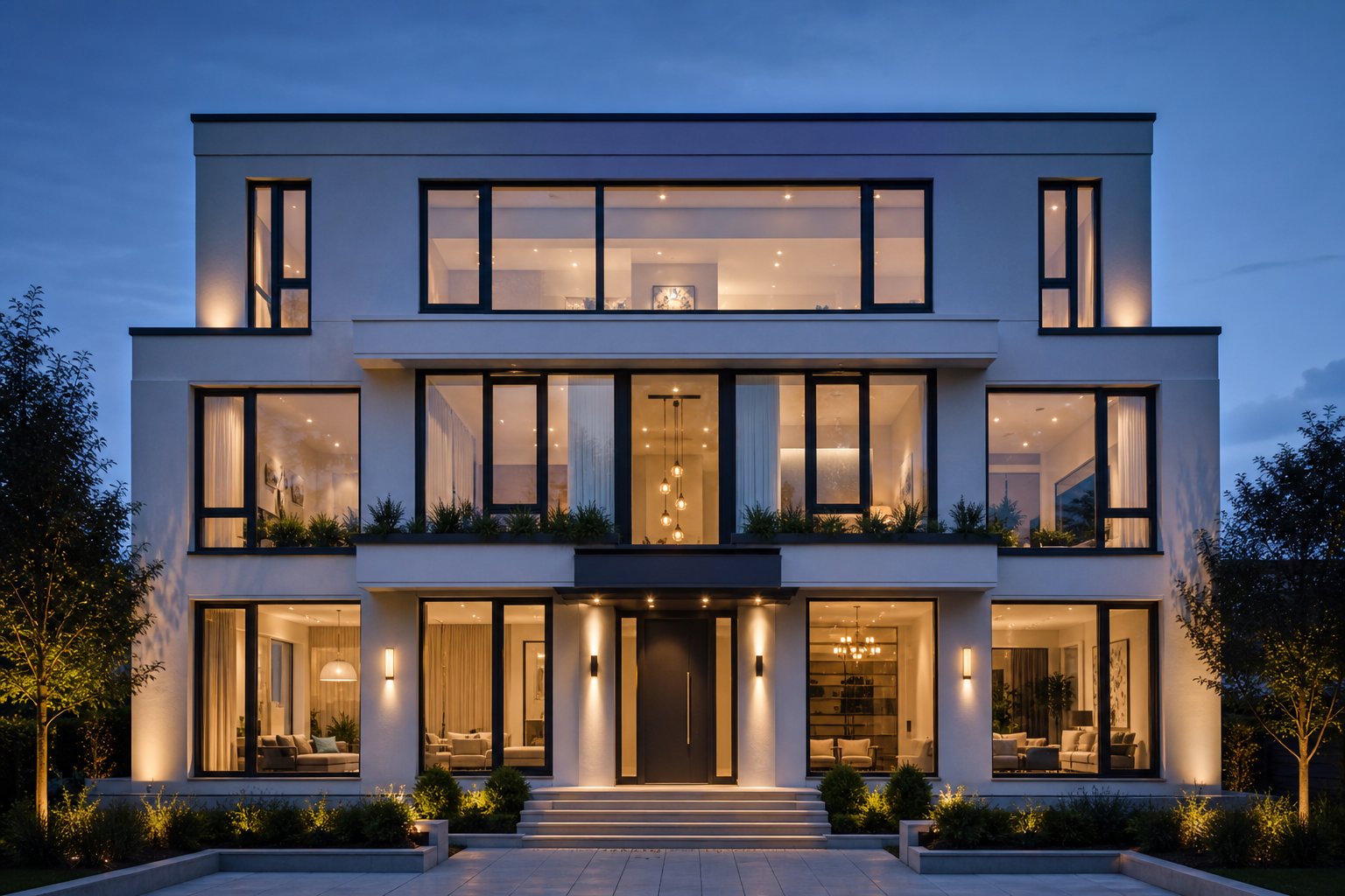 multi storey facade combining fixed panels casement sidelights and highlight windows in matching aluminium frames for cohesive design