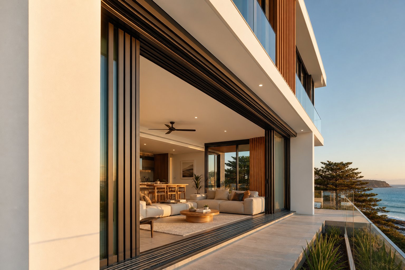 multi track aluminium sliding window configuration on a contemporary australian coastal home