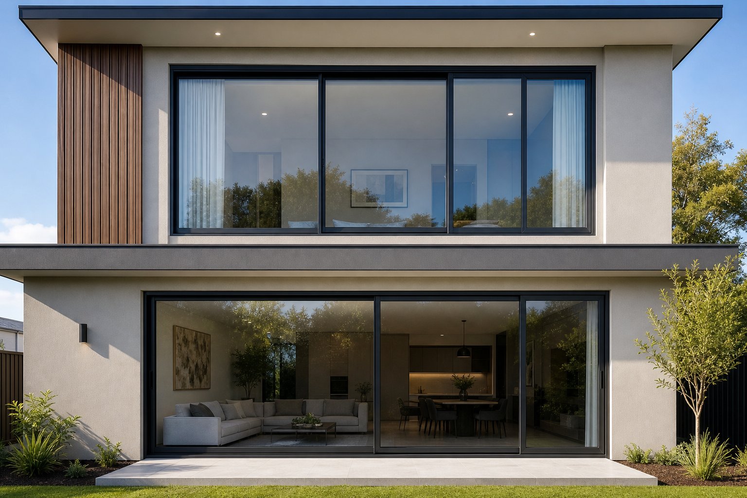 multi track aluminium sliding window configurations on a modern australian home facade