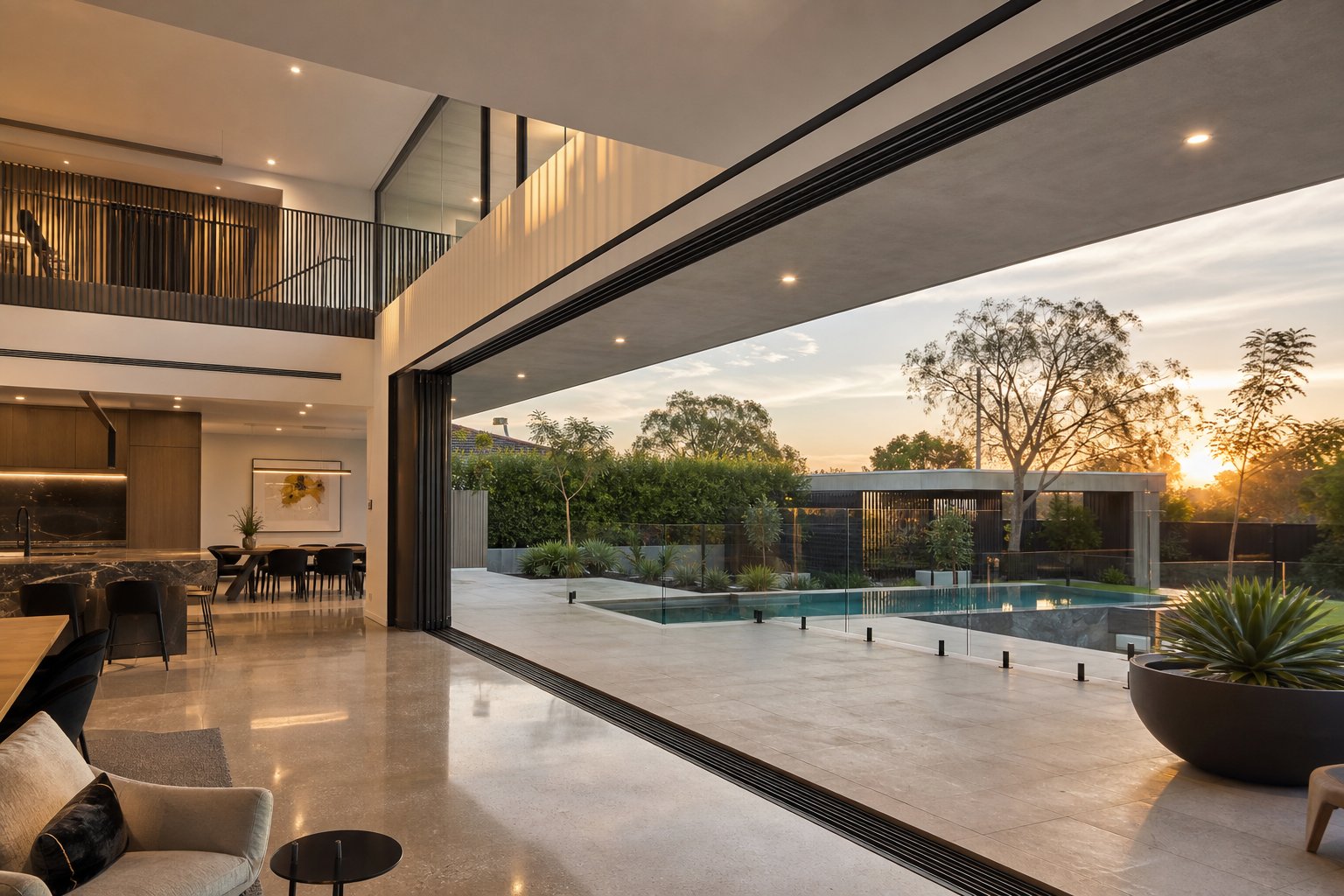 multi track aluminium sliding window system fully opened to create seamless indoor outdoor living in a modern australian home