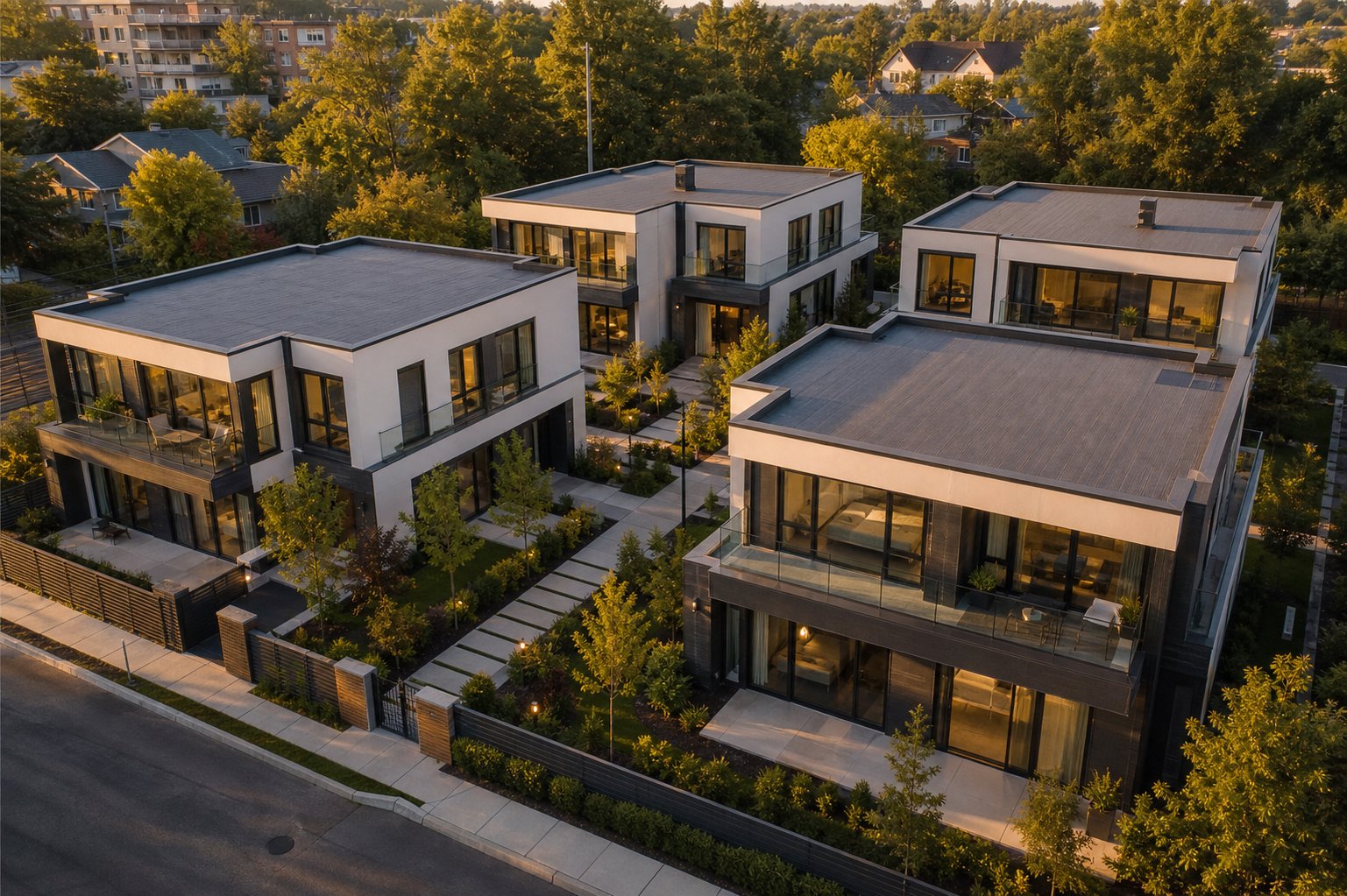 multi unit residential development with consistent aluminium window installations across all townhouses