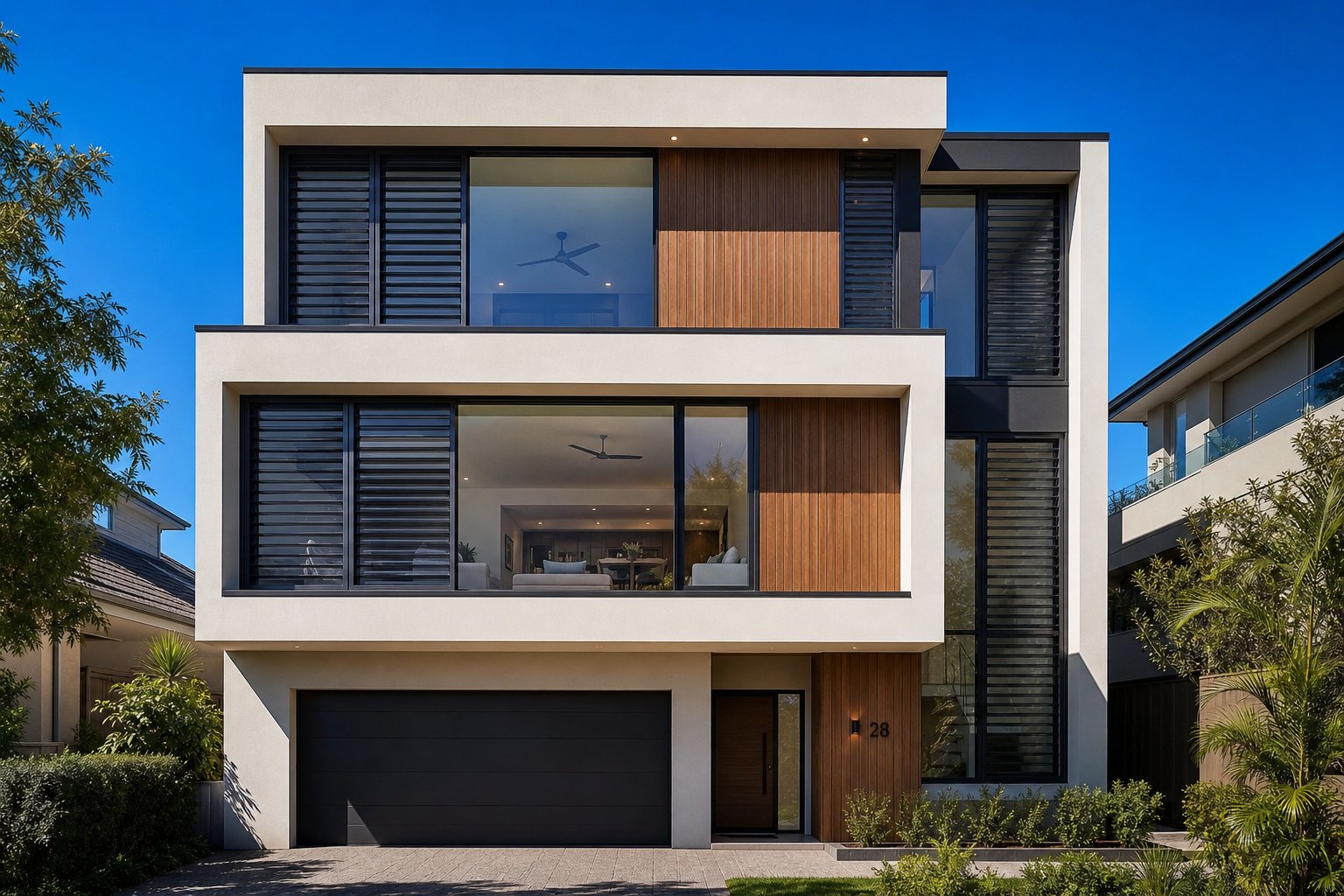 multiple aluminium louvre window configurations across a modern facade showing varied blade widths matched to different room functions