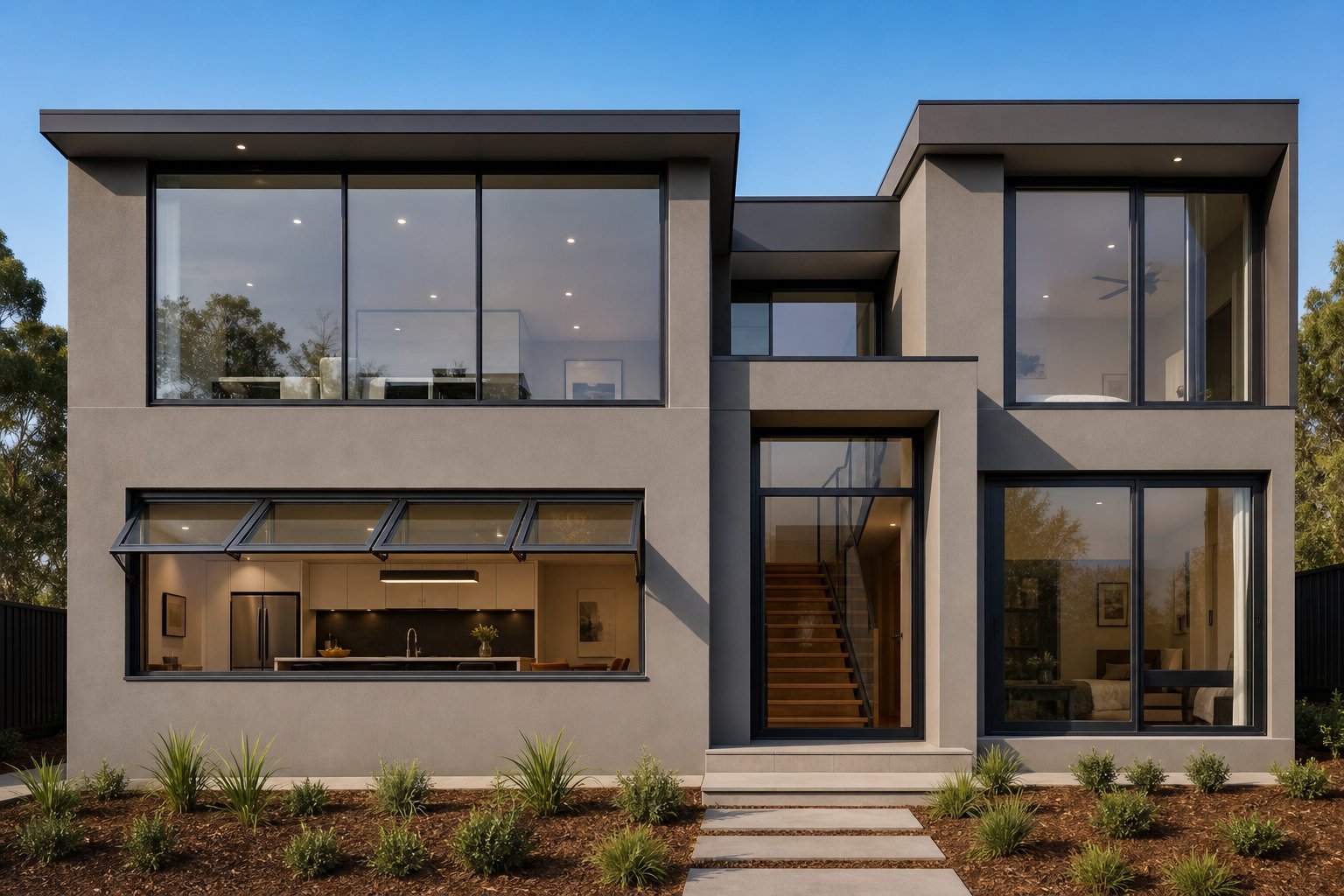 multiple architectural aluminium window types including fixed awning and casement configurations unified by consistent slim profile frames