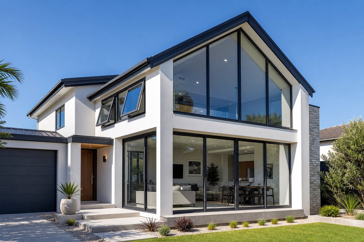 multiple bespoke aluminium window styles including gable fixed and casement configurations on a contemporary australian home