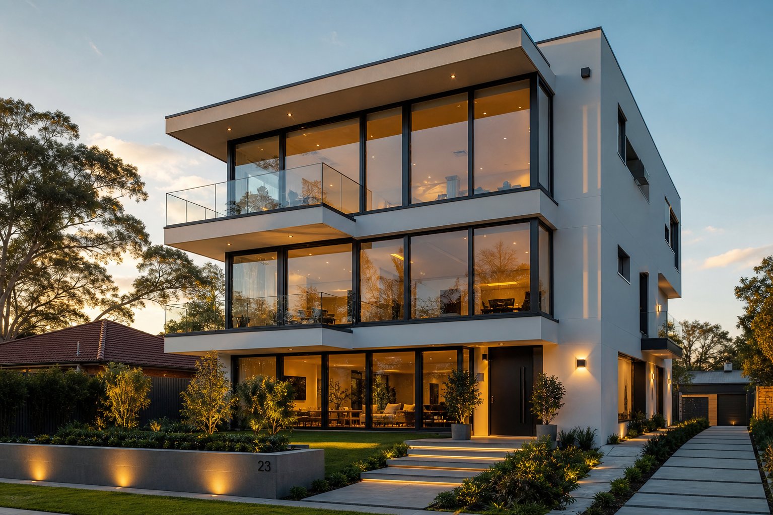 newly specified aluminium window system on a contemporary multi storey residence featuring slim profile frames and floor to ceiling glazing