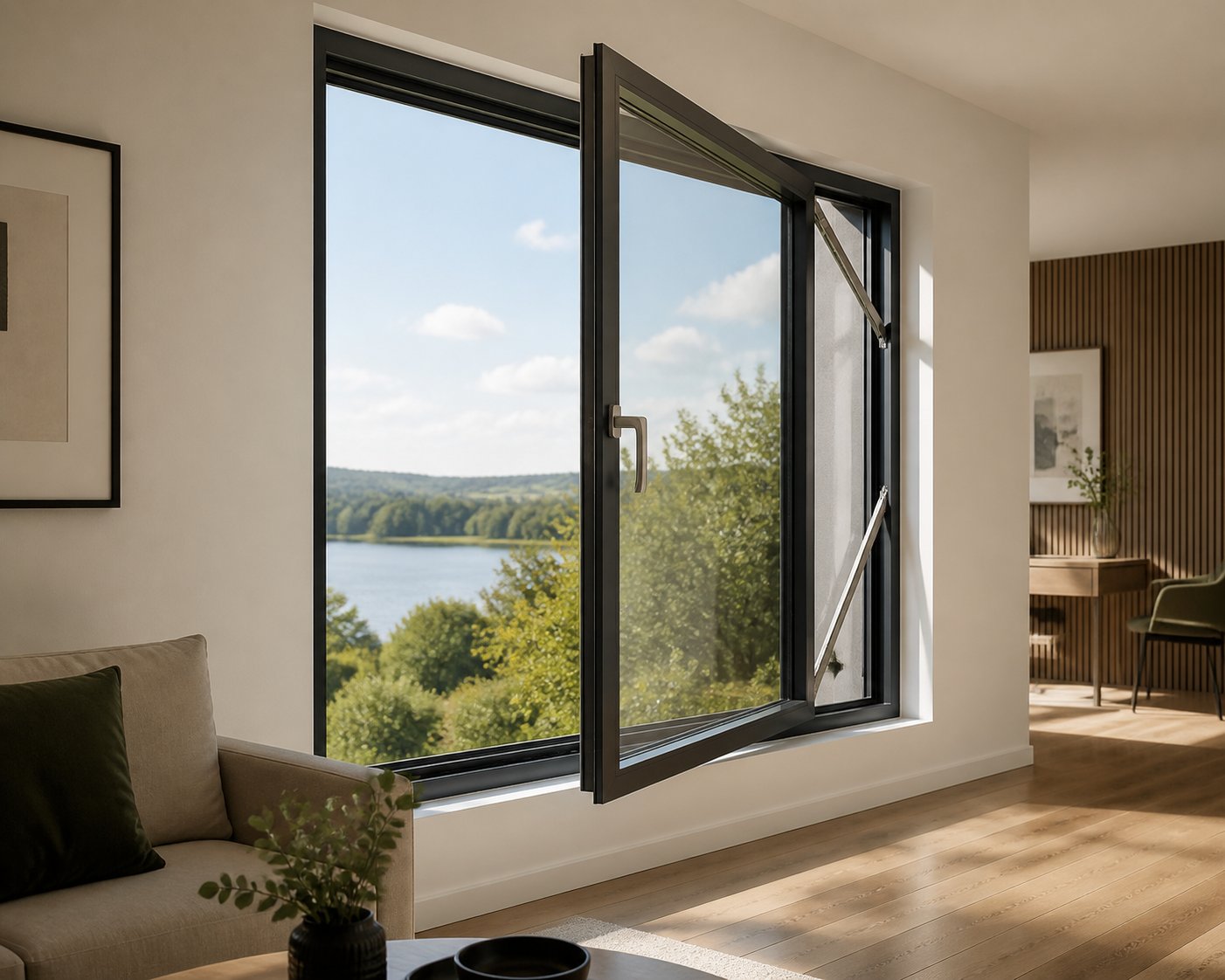 open aluminium casement window showing visible hardware and frame components from the interior