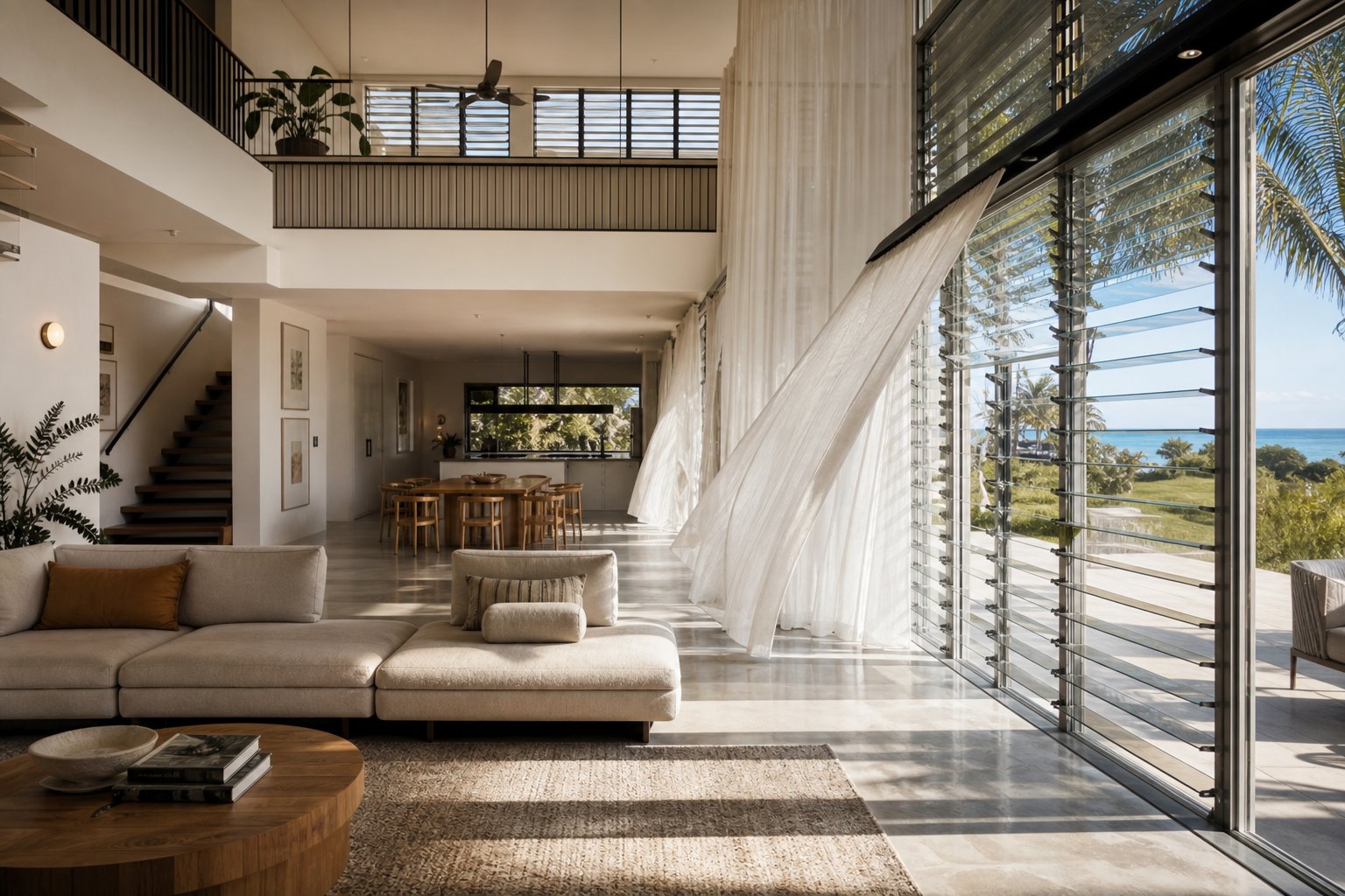 open aluminium louvre windows flooding a modern living space with natural airflow and daylight