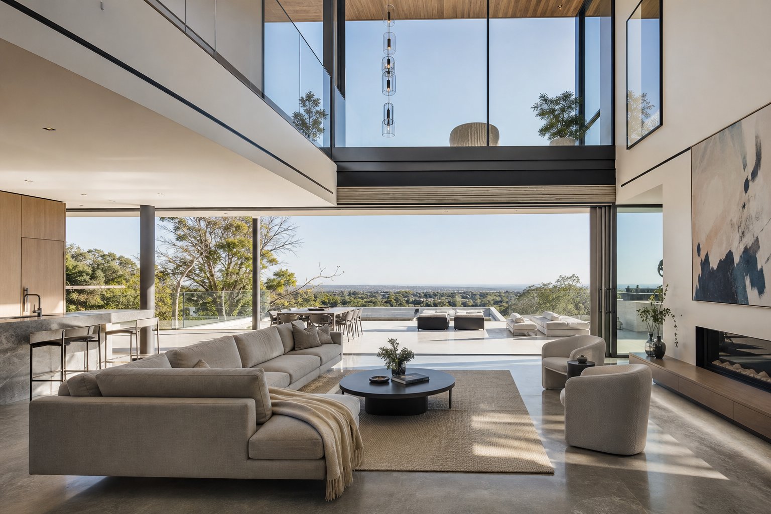 open plan living area with fully retractable frameless sliding glass panels creating seamless indoor outdoor connection