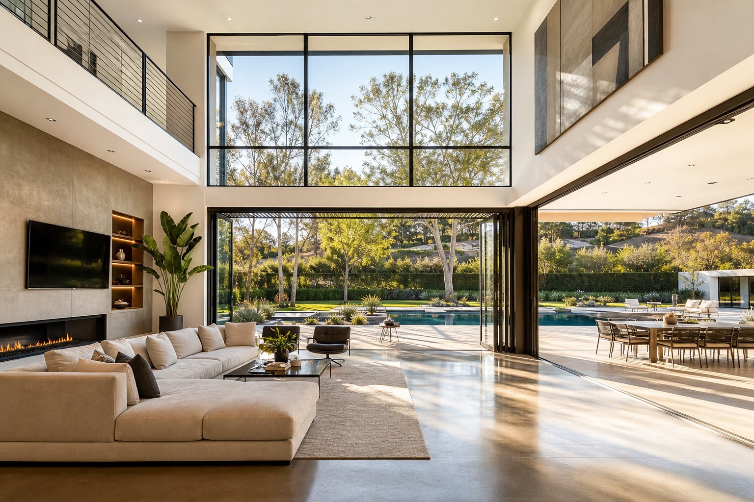 open plan living space with floor to ceiling aluminium windows and bi fold doors creating seamless indoor outdoor connection