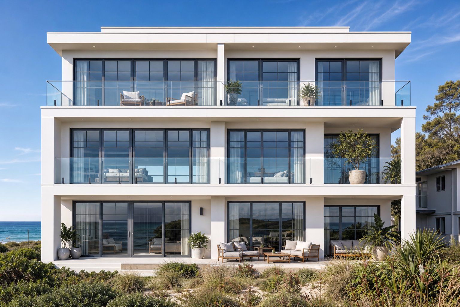 powder coated aluminium colonial windows on a coastal australian home designed to resist salt air corrosion
