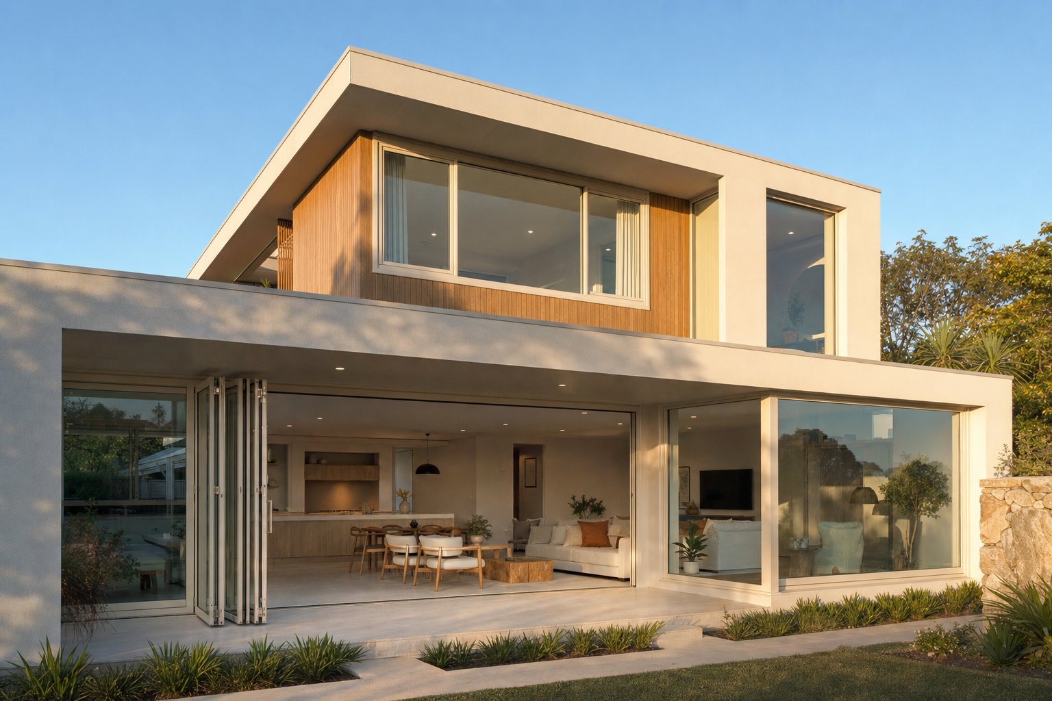 powder coated aluminium windows in a custom residential colour complementing the home's exterior material palette