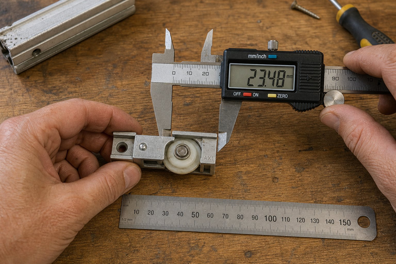 precise measurement with digital callipers ensures the correct replacement roller is identified first time