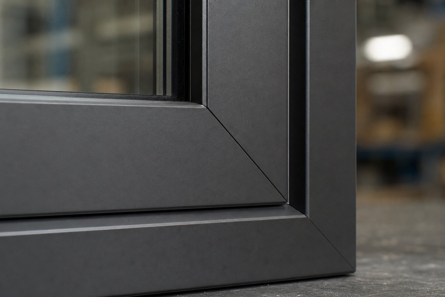 precision corner joint on an aluminium window frame showing the mitred connection where profiles are joined into a single structural unit