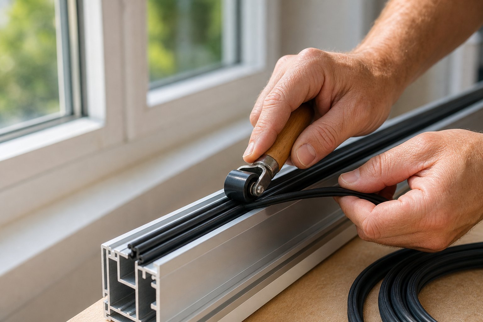 pressing a new sealing strip into a cleaned aluminium window channel using a roller tool for even seating