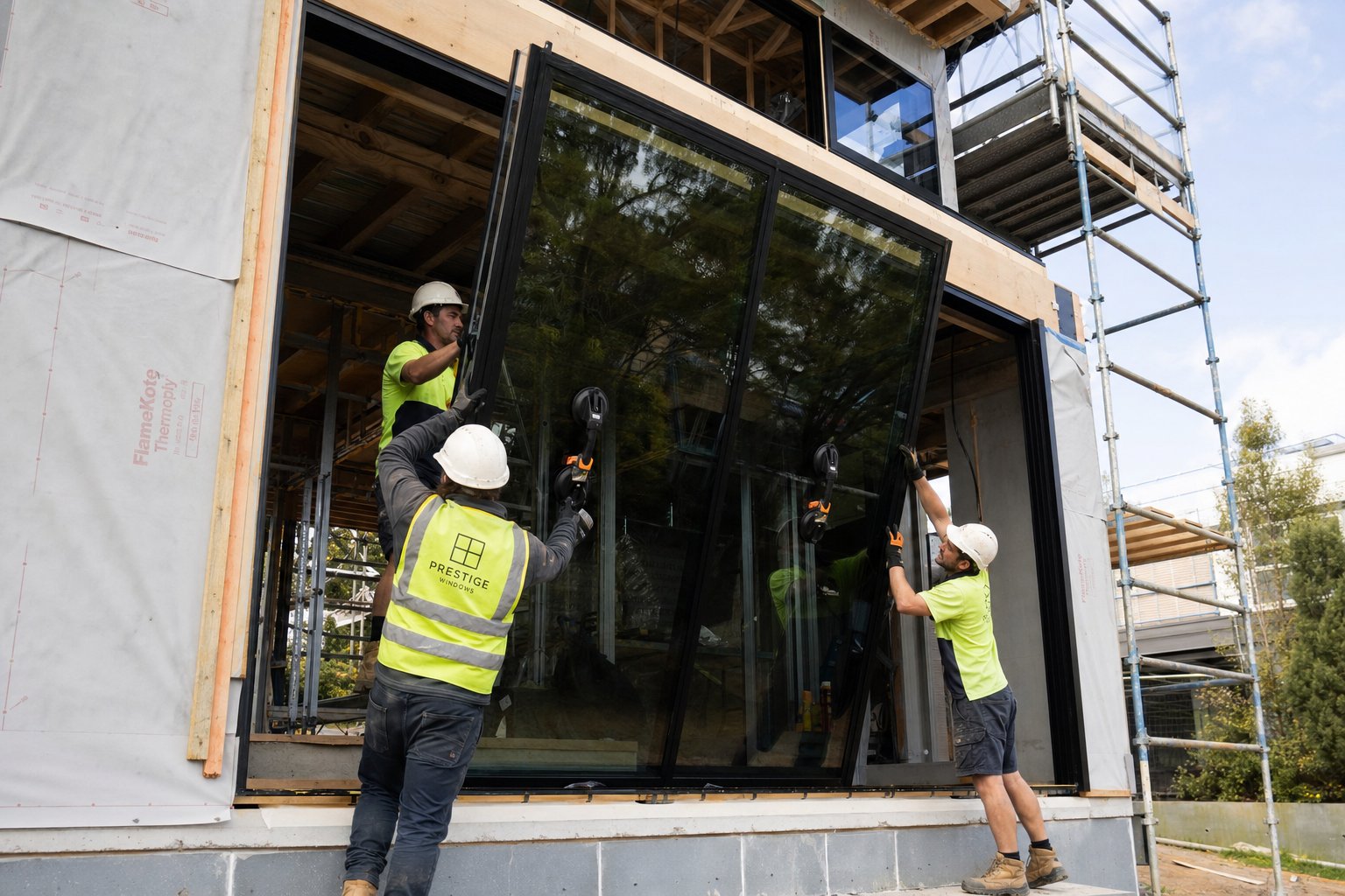 professional aluminium window installation on a modern home illustrating the labour and access requirements that add to supply only pricing