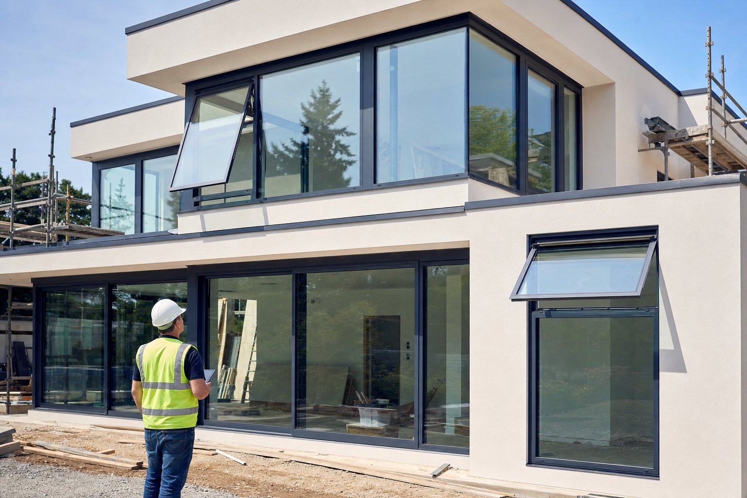 professional inspection of newly installed double glazed aluminium windows during a modern residential build