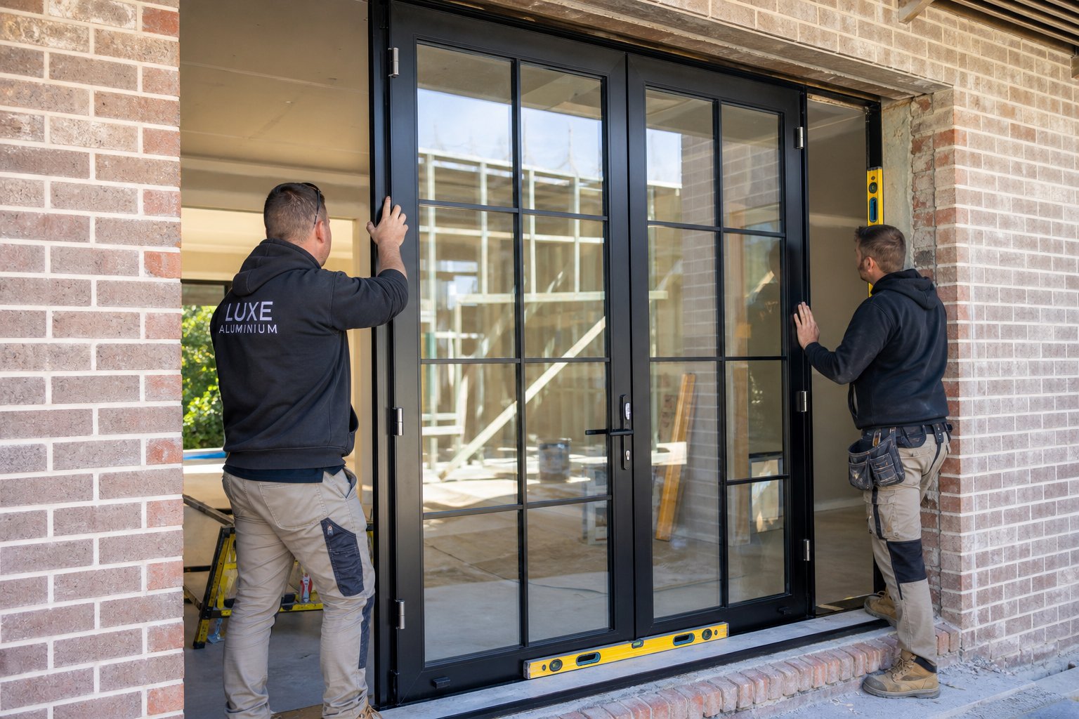 professional installation of aluminium french windows into a prepared structural opening on an australian residential project