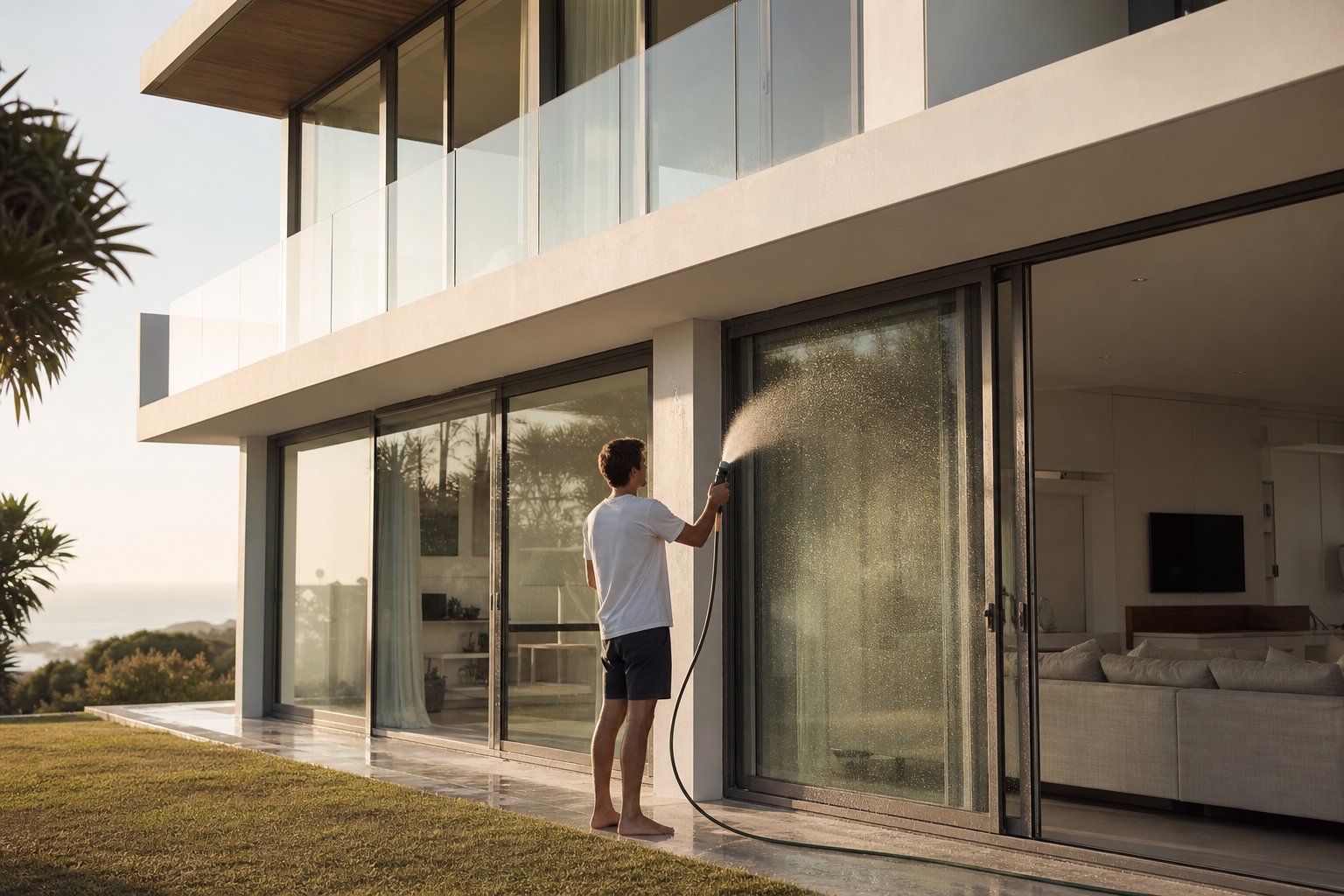 regular fresh water rinsing removes salt deposits and prevents pitting corrosion on coastal aluminium window frames