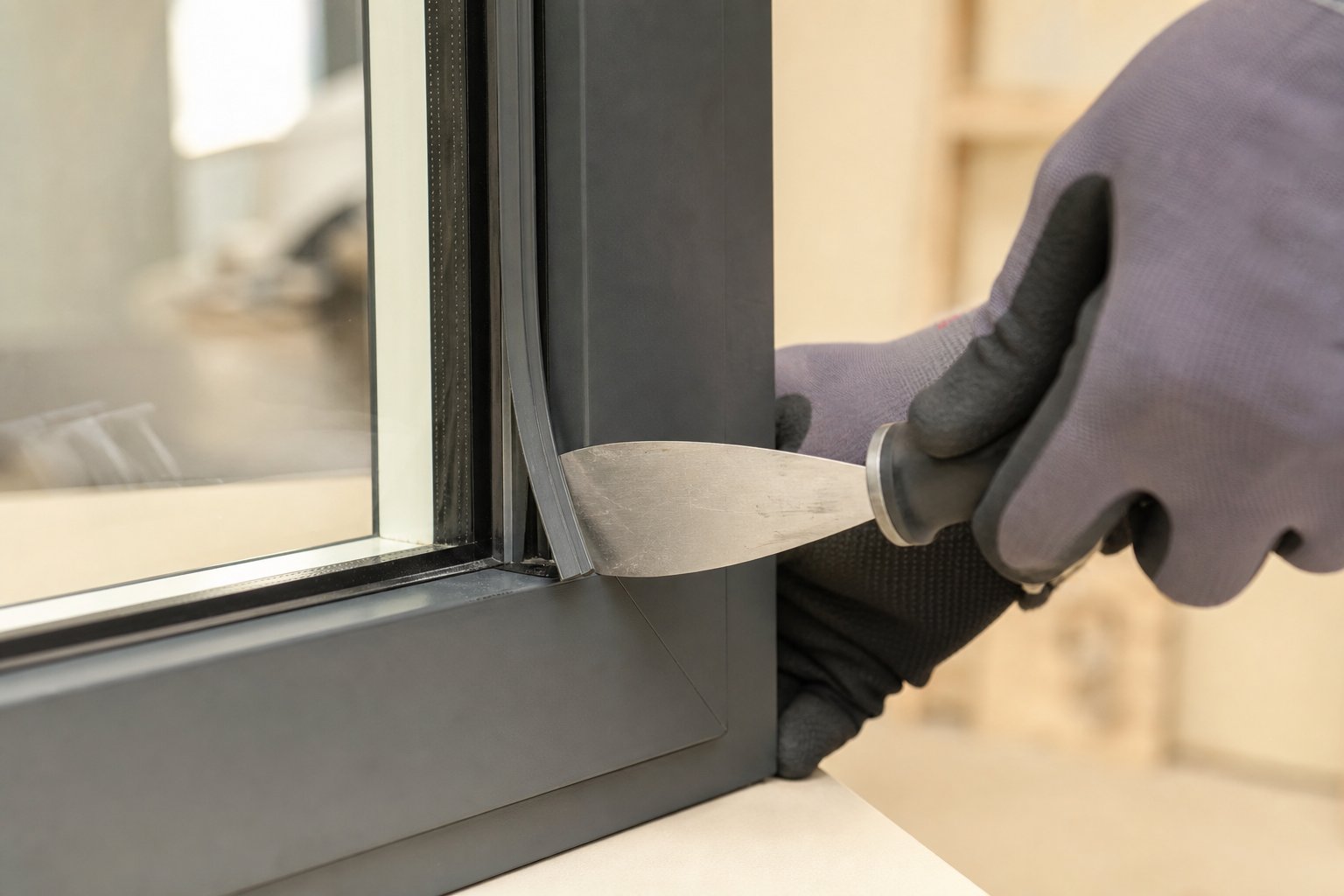removing a snap fit aluminium glazing bead using a stiff putty knife inserted at the frame junction