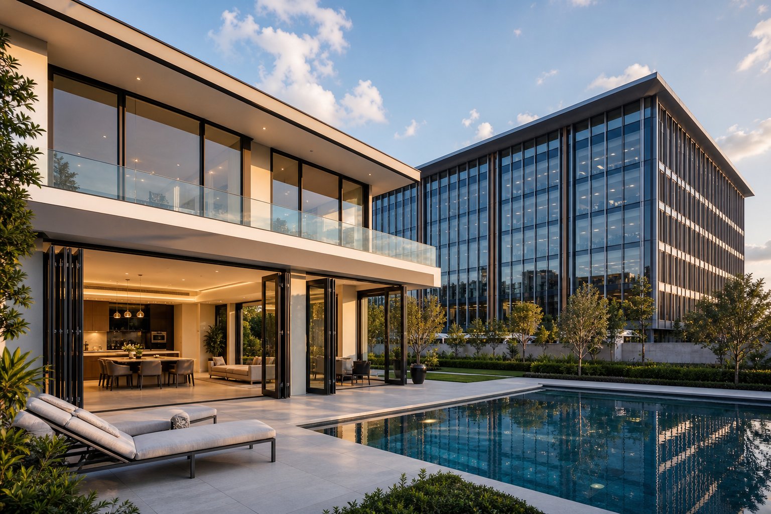 residential slim profile aluminium windows contrasted with deeper commercial curtain wall framing on adjacent structures