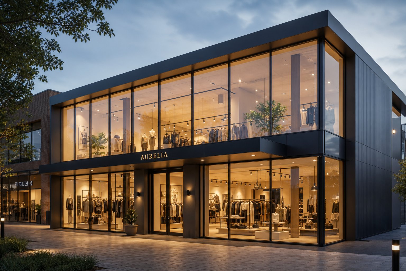 retail storefront with slim aluminium window frames maximising glass area for product display and street presence