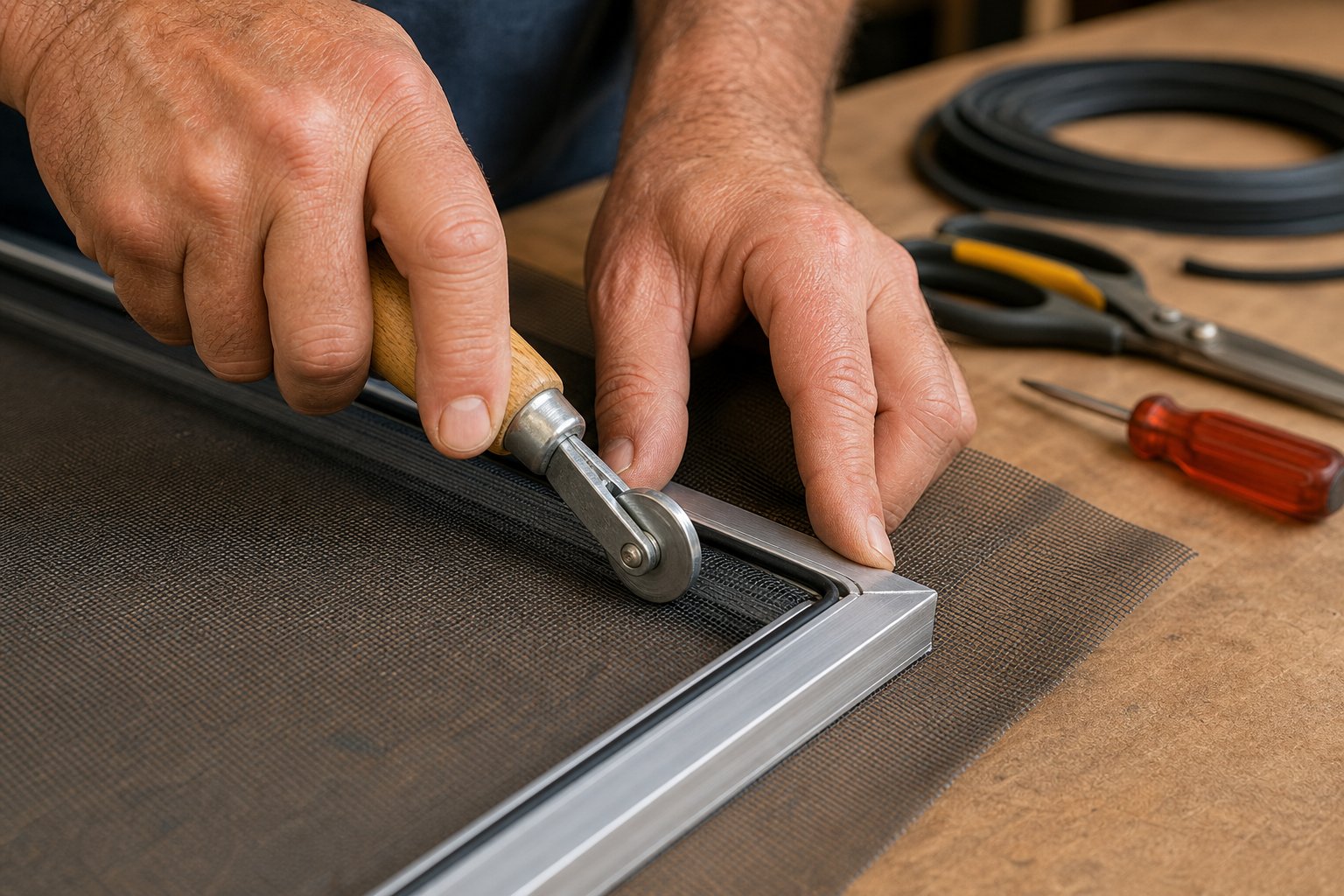 rolling spline into an aluminium fly screen frame channel to secure the mesh during diy installation