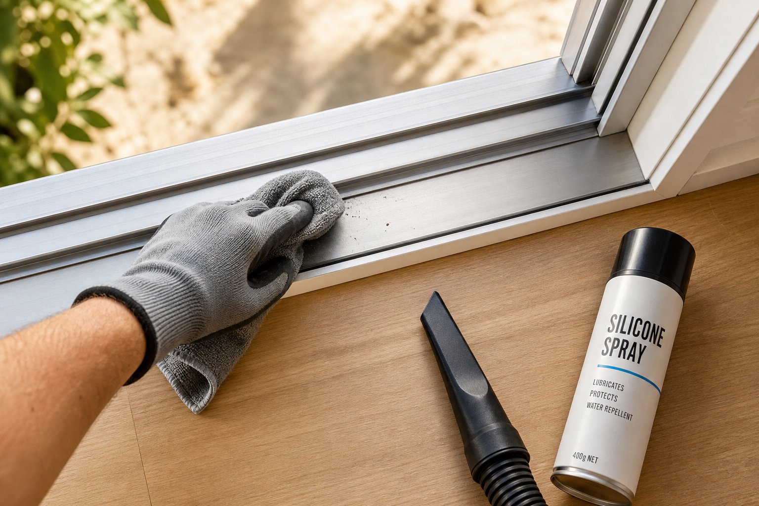 routine cleaning and lubrication of an aluminium sliding window sill track
