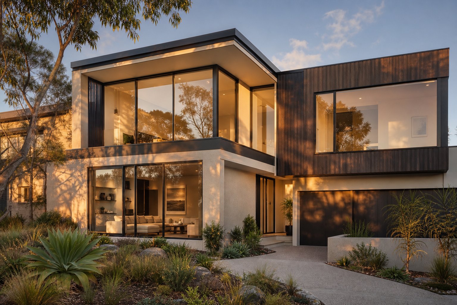 slim brown aluminium frames maximise glass area on a modern australian home with mixed facade materials