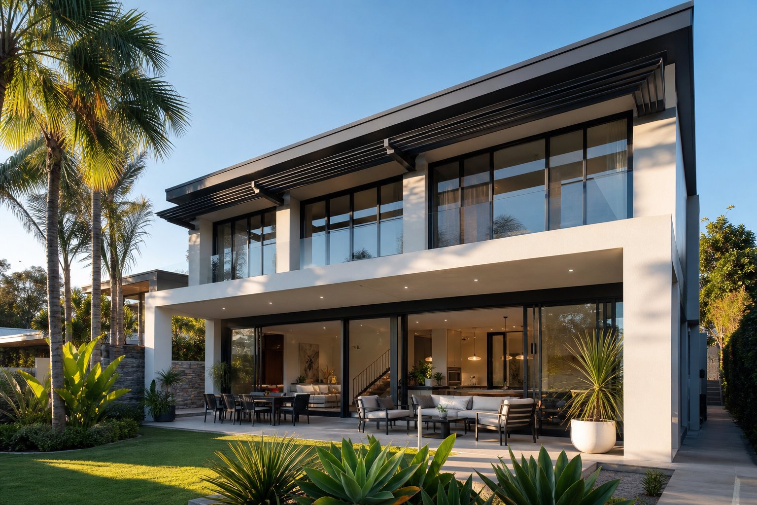 slim profile aluminium canopy blades complementing dark framed windows on a modern australian home