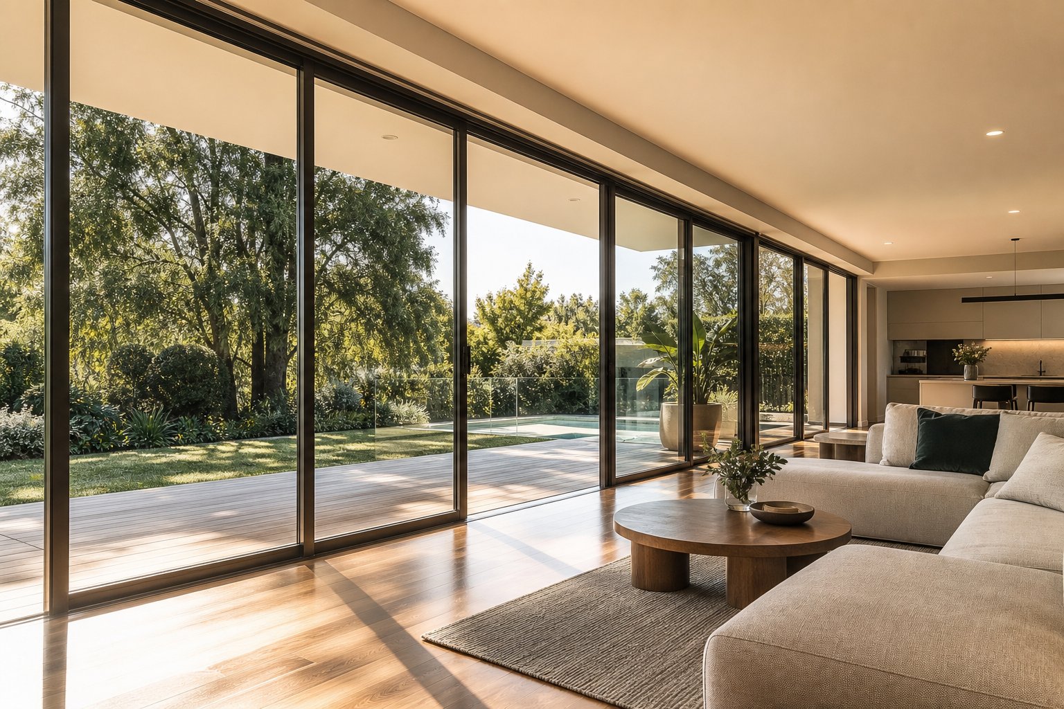 slim profile aluminium sliding doors in a contemporary australian home showcasing how the right profile specification maximises views and natural light
