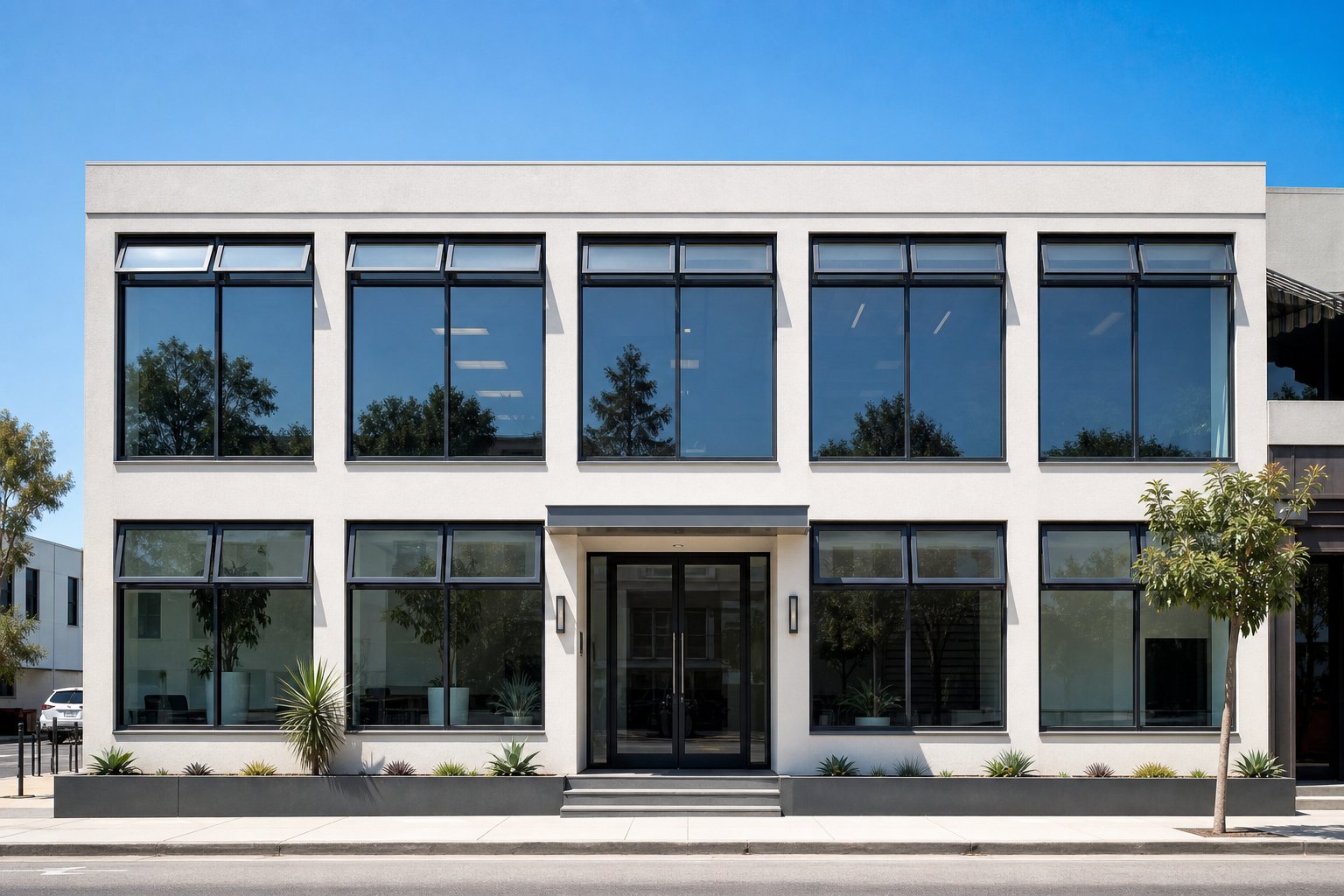 standard aluminium windows on a commercial facade demonstrating slim sightlines and clean contemporary aesthetics