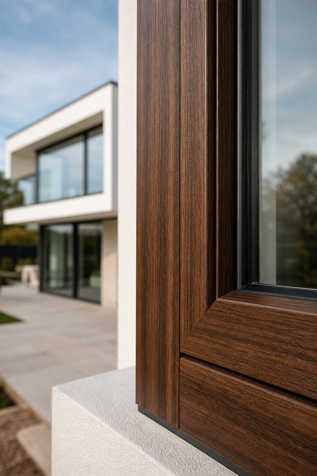 sublimation printed wood grain finish on an aluminium window frame showing realistic timber texture and colour depth