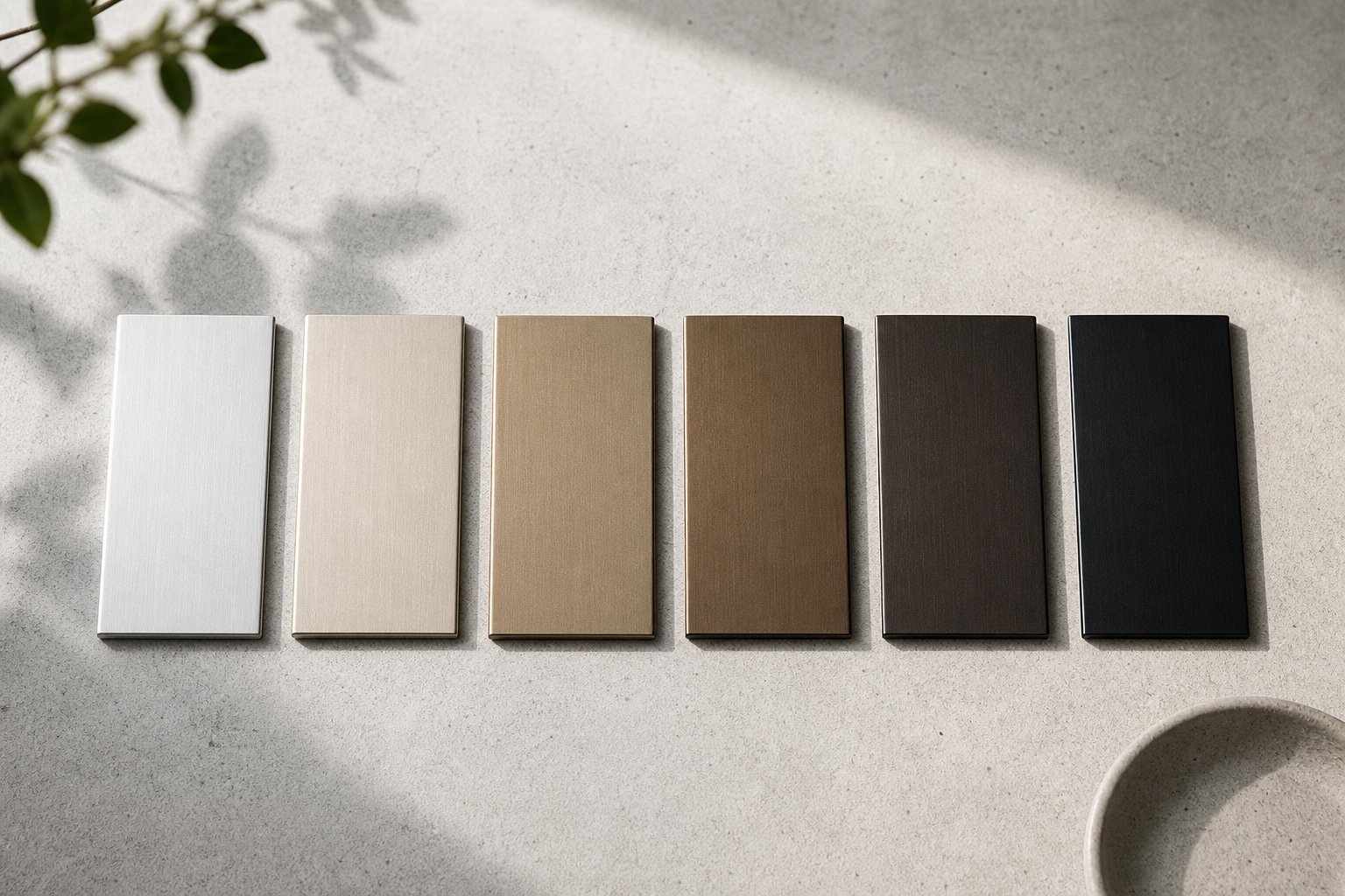the full anodised aluminium colour spectrum from natural silver to black showing the translucent metallic depth of each finish