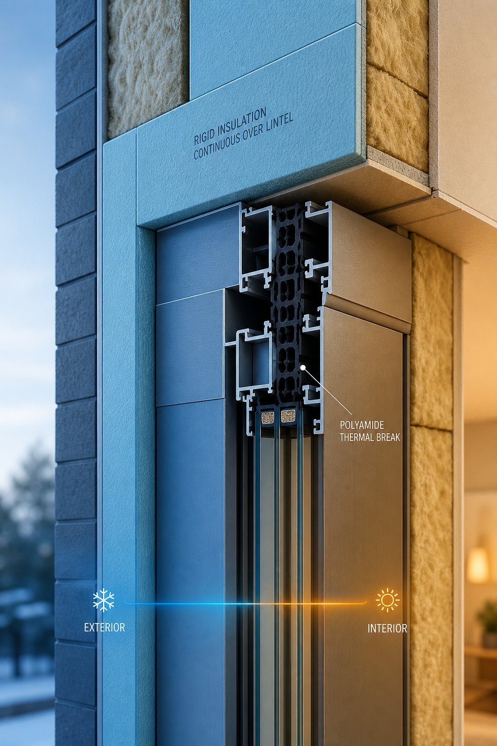 thermally broken aluminium frame profile showing insulation continuity at the window head junction