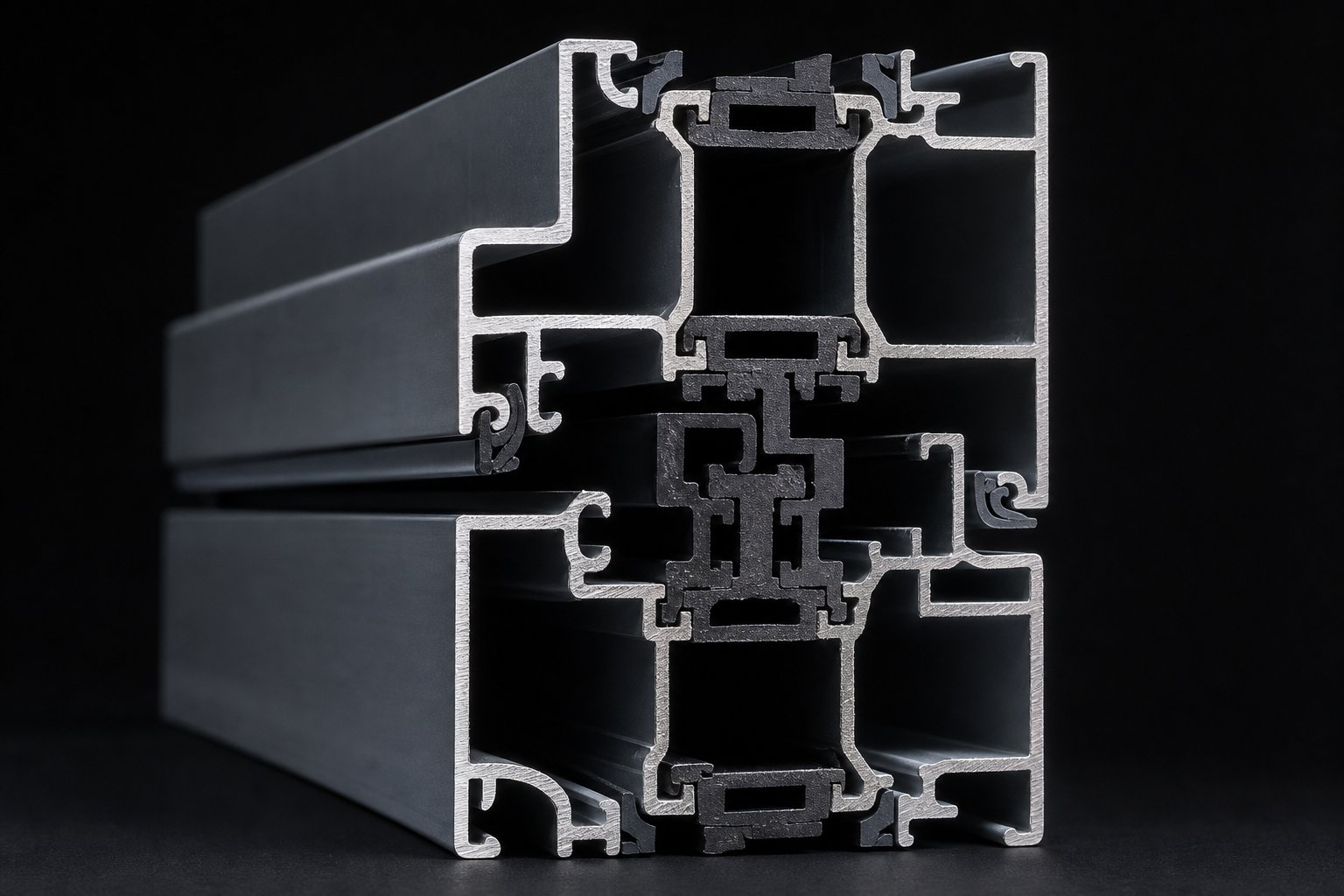 thermally broken aluminium profile showing polyamide strips separating inner and outer frame sections