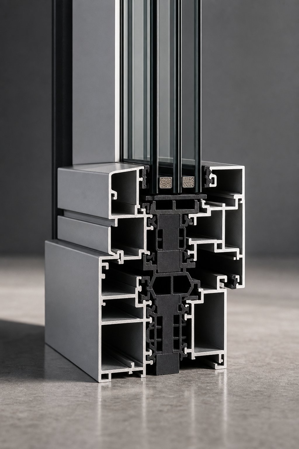 thermally broken aluminium profile showing the polyamide strip that separates exterior and interior faces to reduce heat transfer