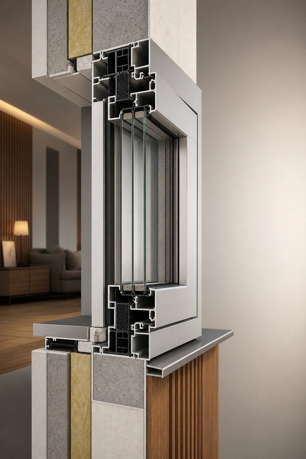 thermally broken aluminium profile with polyamide insulating strip separating inner and outer frame sections to prevent heat transfer