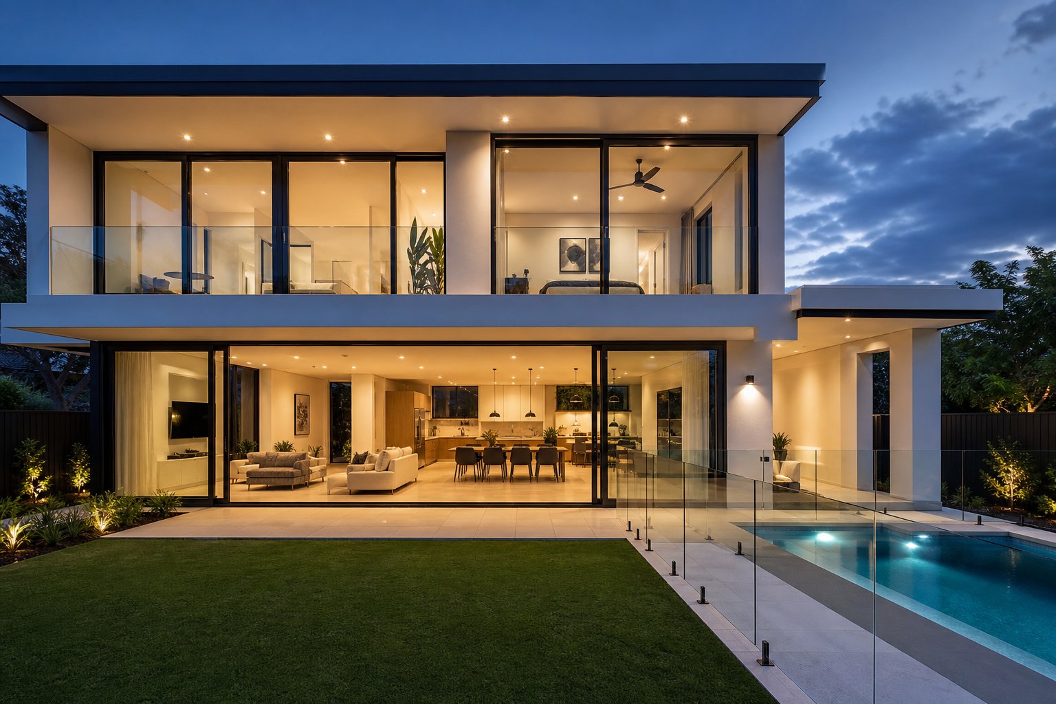 thermally broken aluminium sliding system with double glazing maintaining interior comfort in an australian home at dusk