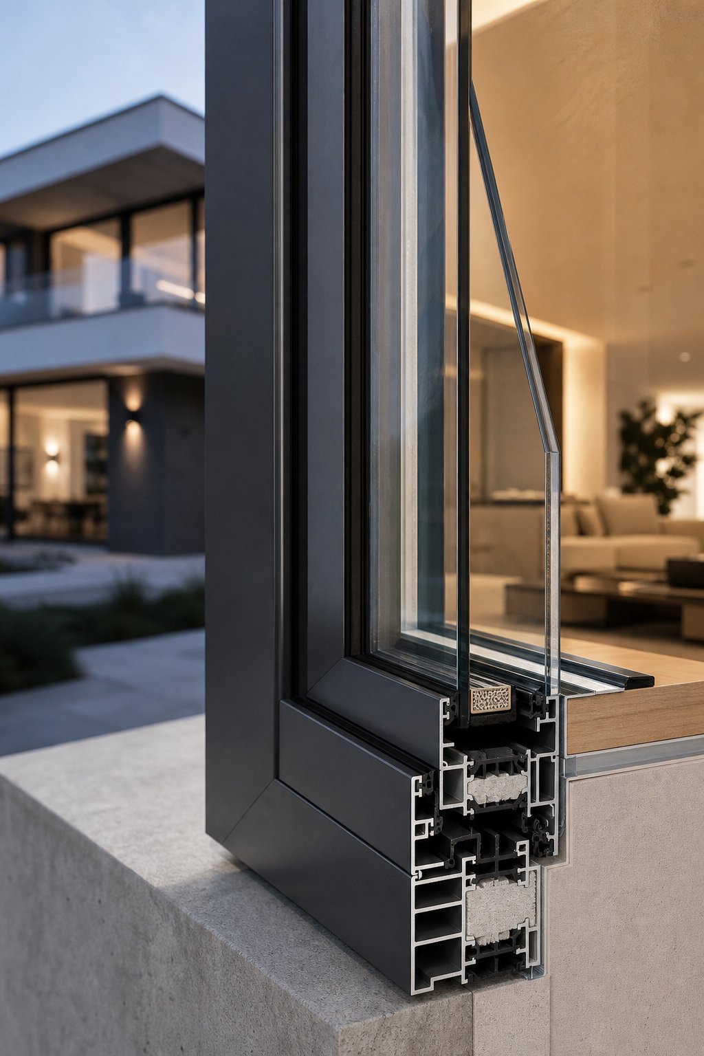 thermally broken aluminium window frame demonstrating slim profile design and double glazed insulation performance