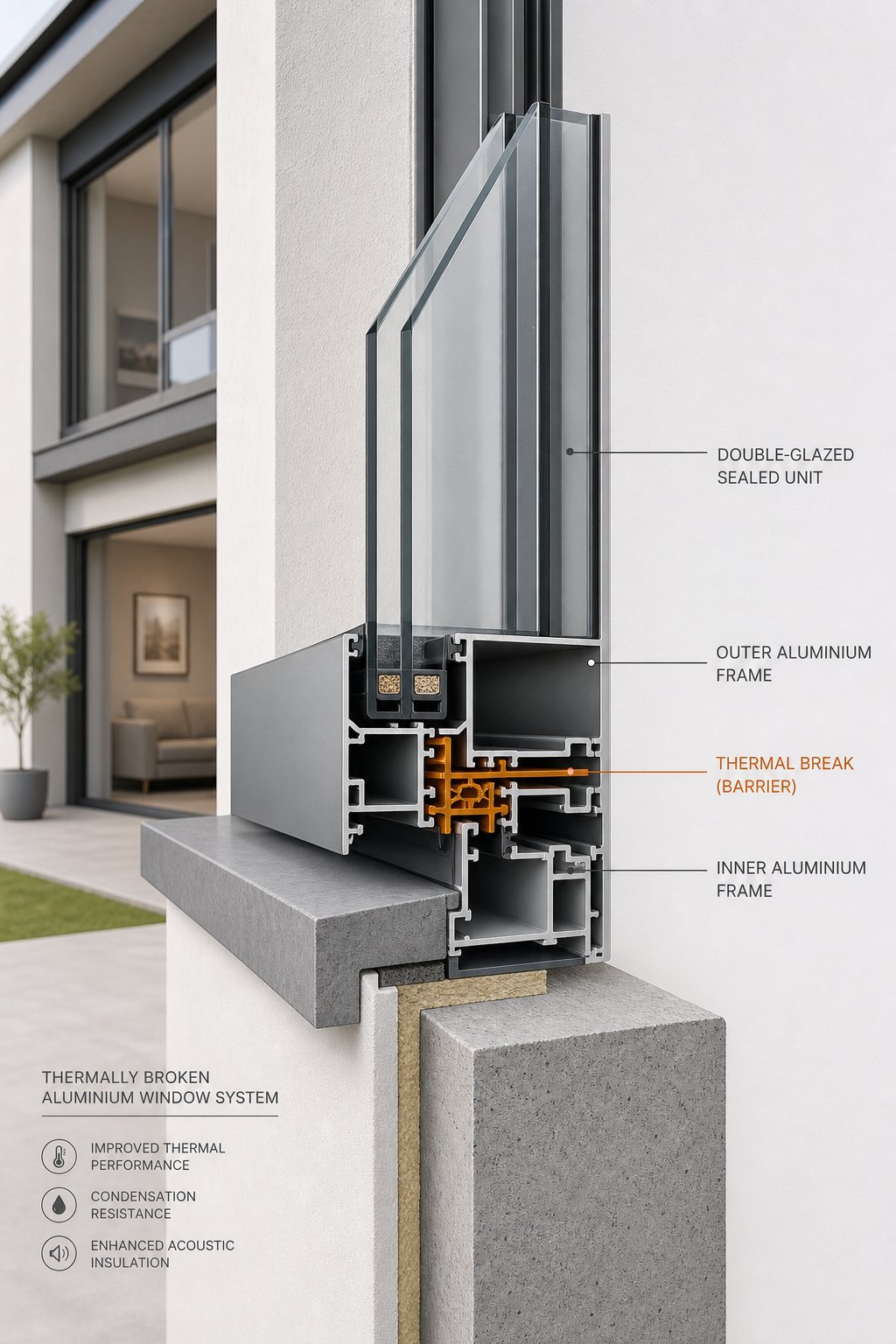 thermally broken aluminium window frame showing the insulating barrier that separates inner and outer frame sections