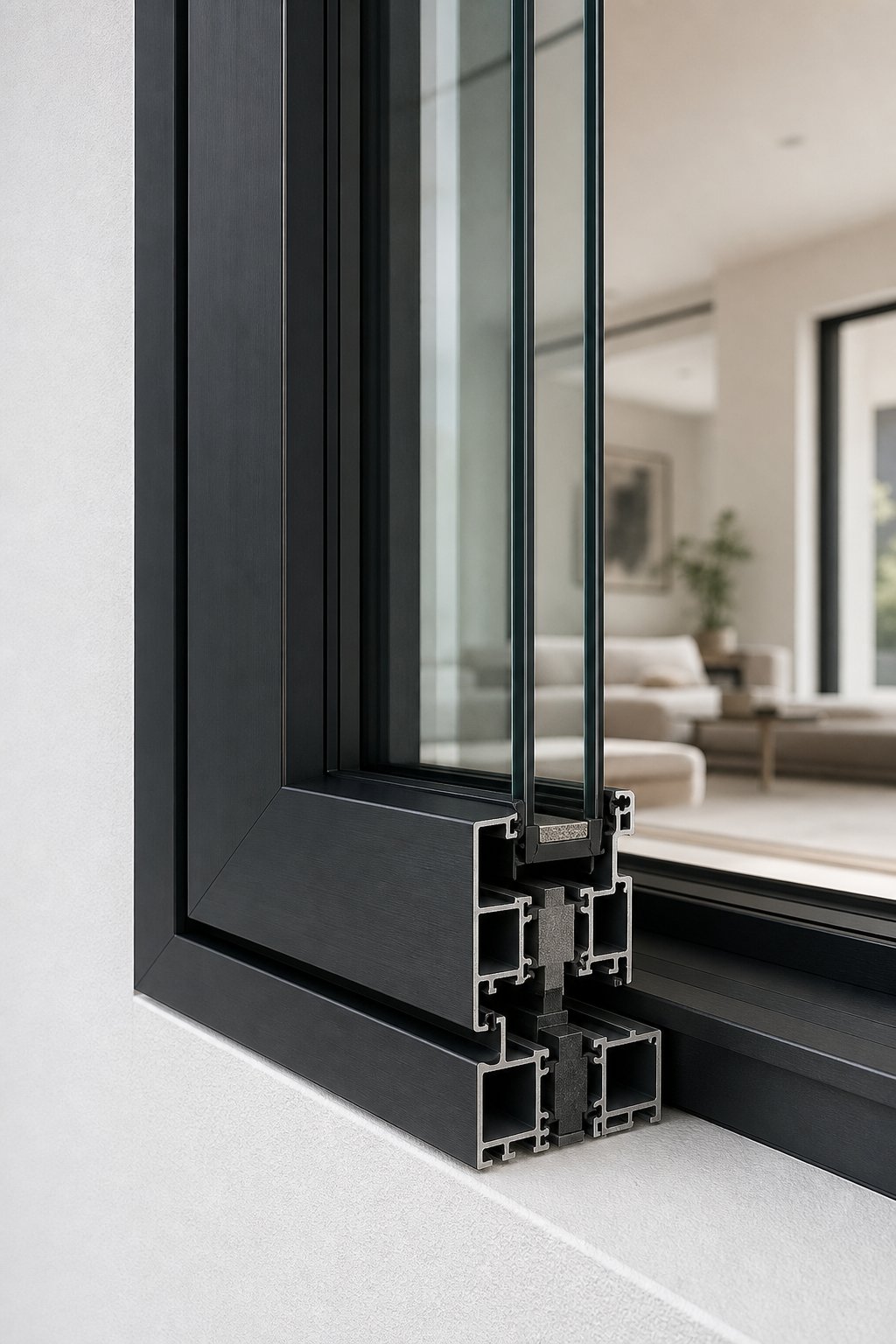 thermally broken aluminium window profile showing the polyamide barrier that separates inner and outer frames to prevent heat transfer