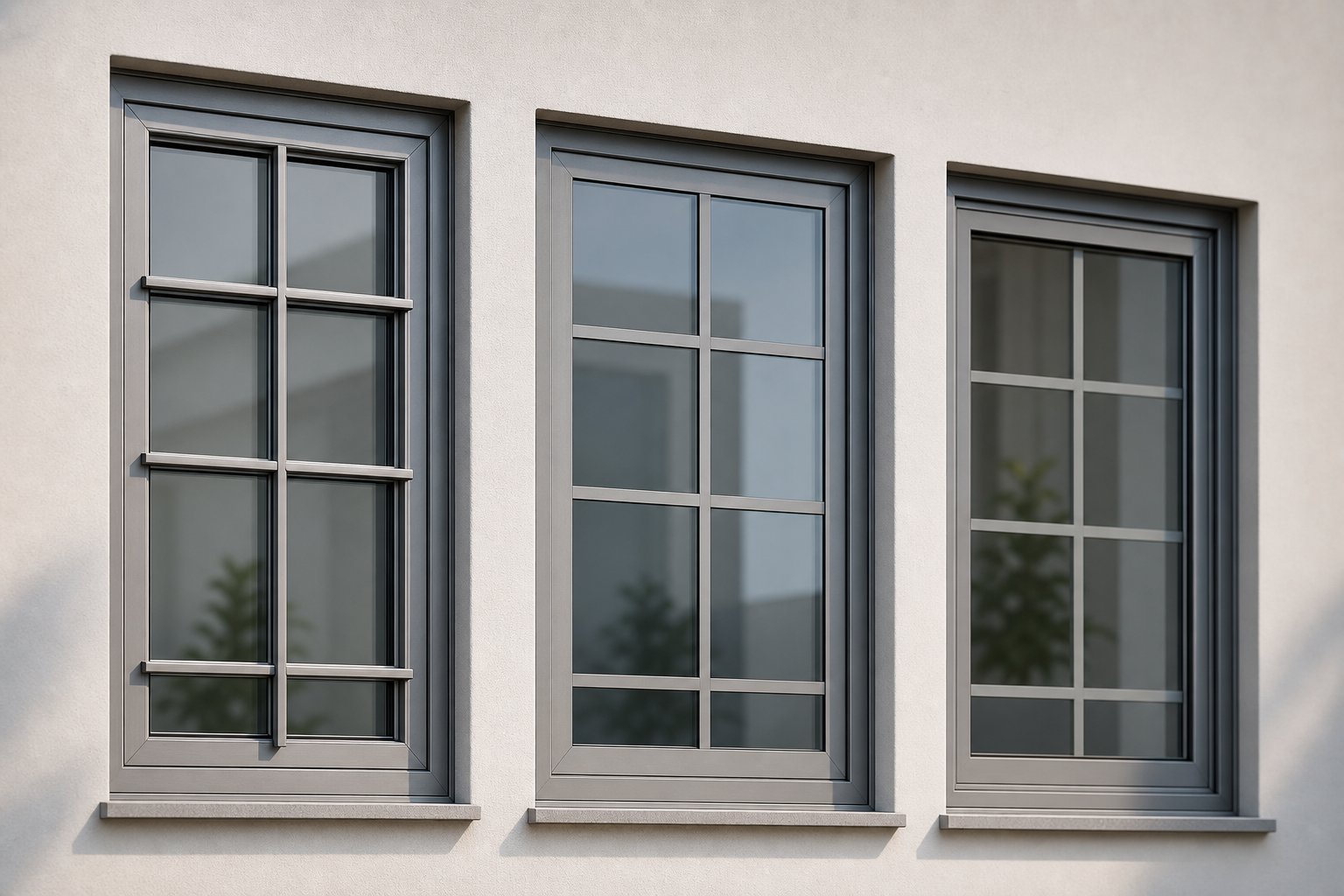 three colonial bar types in aluminium frames showing the visual difference between integral applied and between glass configurations