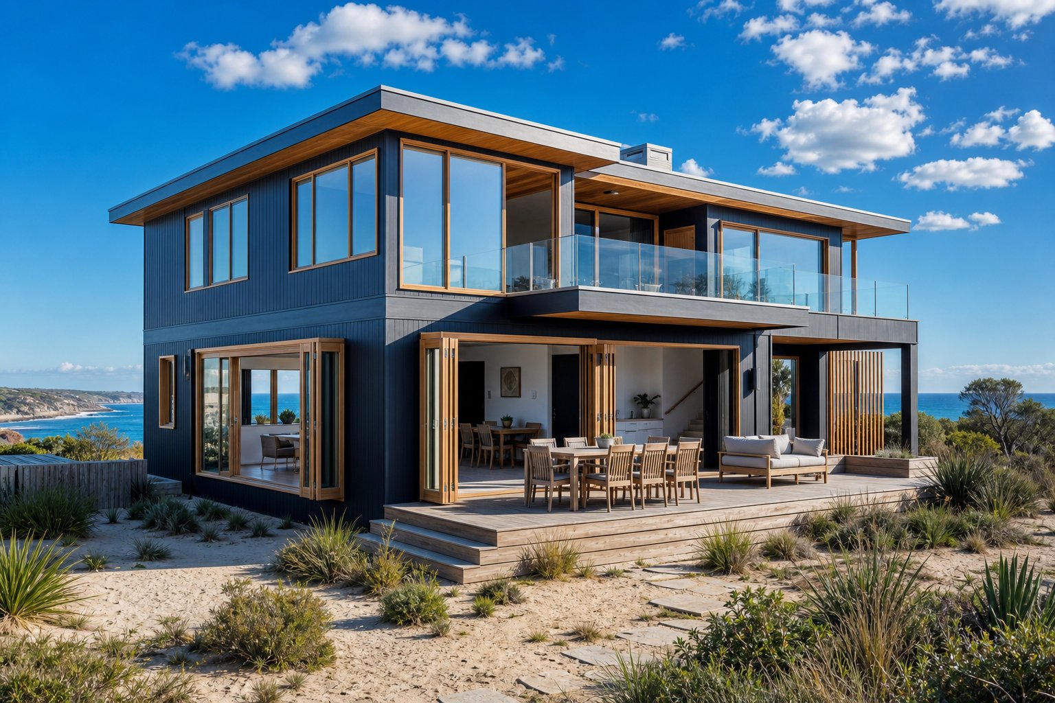 timber look aluminium windows on a coastal australian home demonstrating durability in harsh marine environments