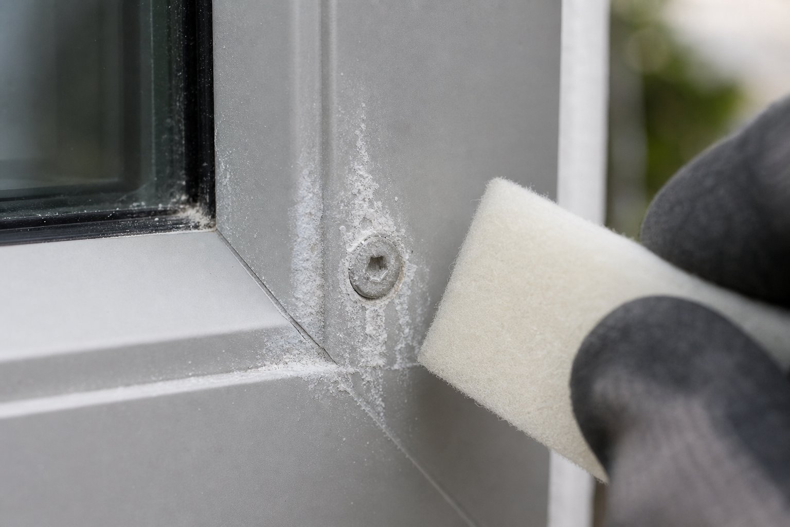treating galvanic corrosion deposits around fastener points on an aluminium window frame with a non abrasive pad