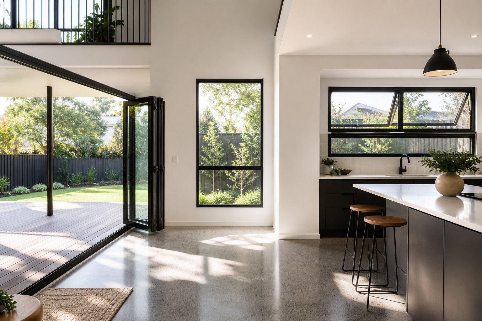 various aluminium window styles including bi fold casement and awning configurations in a contemporary perth home