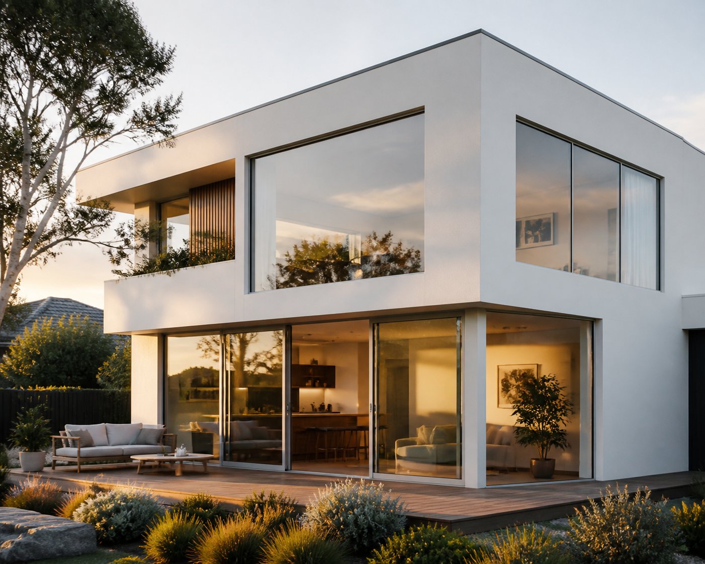 various frameless window types integrated into a modern australian home facade including fixed panels sliding systems and corner glazing