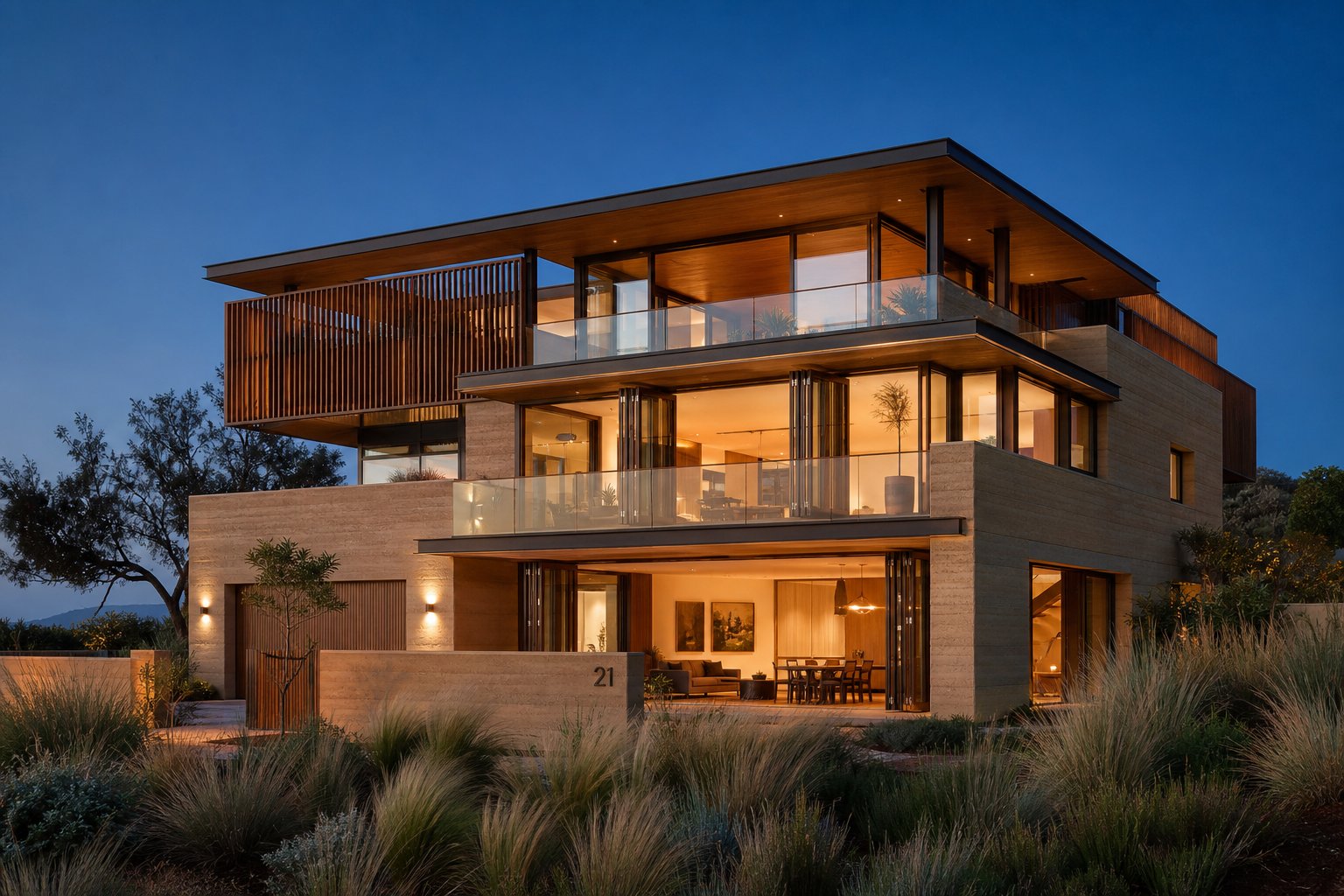 warm brown aluminium frames coordinated with rammed earth and timber on a luxury contemporary australian build