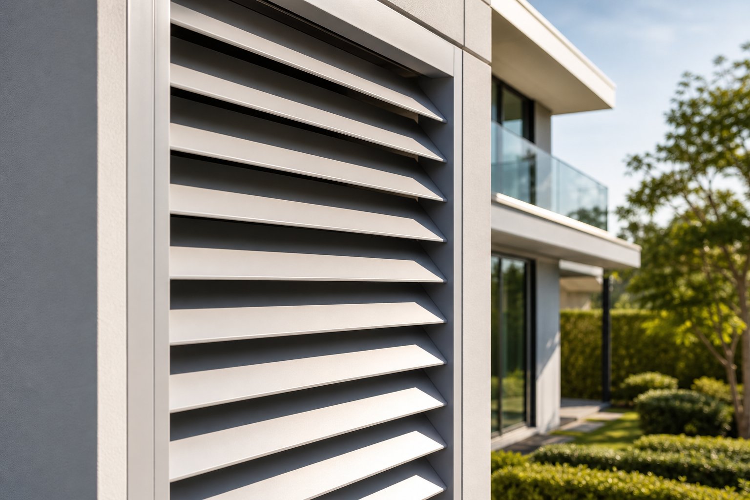 well maintained powder coated aluminium louvers retaining their finish quality after years of exterior exposure
