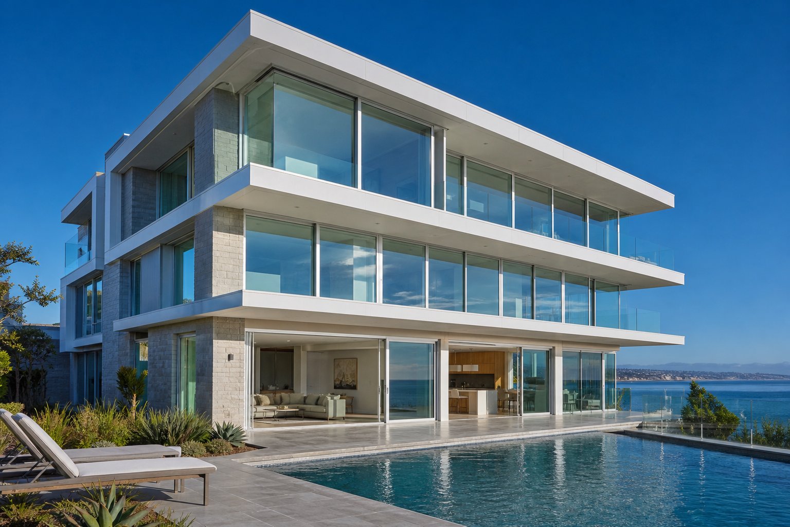 white aluminium window frames on a coastal australian home demonstrating how frame colour complements the surrounding environment