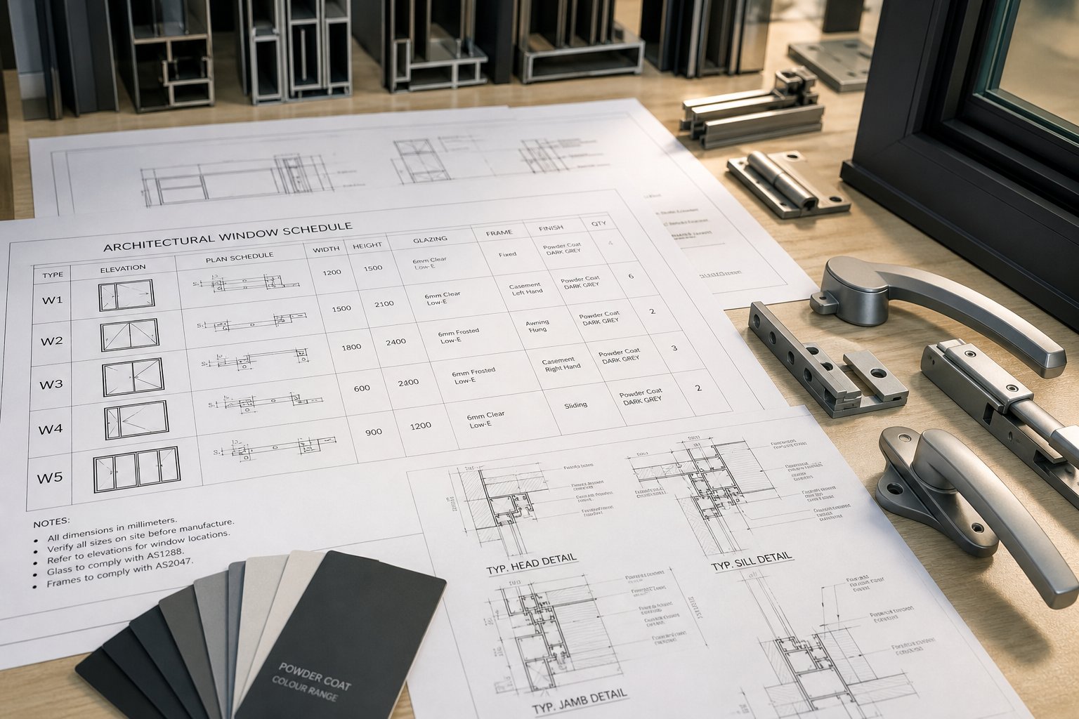 window schedule drawings and hardware samples used when evaluating supplier quotes for aluminium windows